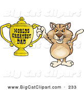 Big Cat Cartoon Vector Clipart of a Grinning Puma Wildcat Character Holding a Golden Worlds Greatest Dad Trophy by Dennis Holmes Designs