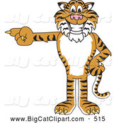 Big Cat Cartoon Vector Clipart of a Grinning Tiger Character School Mascot Pointing Left by Toons4Biz
