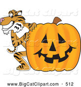 Big Cat Cartoon Vector Clipart of a Grinning Tiger Character School Mascot with a Halloween Pumpkin by Toons4Biz