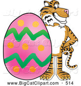Big Cat Cartoon Vector Clipart of a Grinning Tiger Character School Mascot with an Easter Egg by Mascot Junction