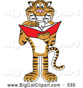 Big Cat Cartoon Vector Clipart of a Happy and Outgoing Tiger Character School Mascot Reading by Toons4Biz