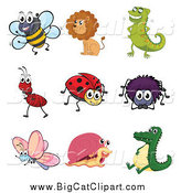 Big Cat Cartoon Vector Clipart of a Happy Ant Lion Chameleon Bee Ladybug Spider Butterfly Snail and Alligator by