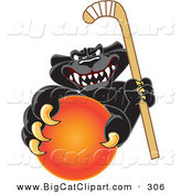 Big Cat Cartoon Vector Clipart of a Happy Black Jaguar Mascot Character Grabbing a Field Hockey Ball by Toons4Biz