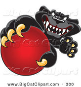 Big Cat Cartoon Vector Clipart of a Happy Black Jaguar Mascot Character Grabbing a Red Ball by Toons4Biz