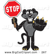 Big Cat Cartoon Vector Clipart of a Happy Black Jaguar Mascot Character Holding a Stop Sign by Toons4Biz