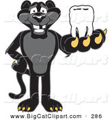 Big Cat Cartoon Vector Clipart of a Happy Black Jaguar Mascot Character Holding a Tooth by Mascot Junction
