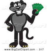 Big Cat Cartoon Vector Clipart of a Happy Black Jaguar Mascot Character Holding Cash by Toons4Biz