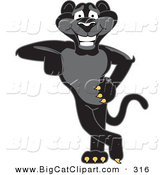 Big Cat Cartoon Vector Clipart of a Happy Black Jaguar Mascot Character Leaning by Mascot Junction