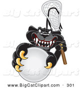 Big Cat Cartoon Vector Clipart of a Happy Black Jaguar Mascot Character Playing Lacrosse by Mascot Junction