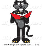 Big Cat Cartoon Vector Clipart of a Happy Black Jaguar Mascot Character Reading on White by Toons4Biz