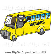 Big Cat Cartoon Vector Clipart of a Happy Black Jaguar Mascot Character School Bus Driver by Toons4Biz