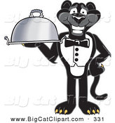 Big Cat Cartoon Vector Clipart of a Happy Black Jaguar Mascot Character Serving a Platter by Toons4Biz