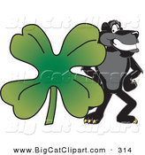 Big Cat Cartoon Vector Clipart of a Happy Black Jaguar Mascot Character with a Clover by Toons4Biz