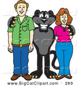 Big Cat Cartoon Vector Clipart of a Happy Black Jaguar Mascot Character with Adults by Toons4Biz