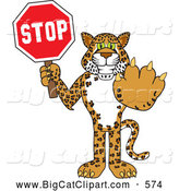 Big Cat Cartoon Vector Clipart of a Happy Cheetah, Jaguar or Leopard Character School Mascot Holding a Stop Sign by Toons4Biz