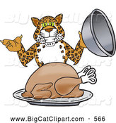 Big Cat Cartoon Vector Clipart of a Happy Cheetah, Jaguar or Leopard Character School Mascot Serving a Thanksgiving Turkey by Toons4Biz