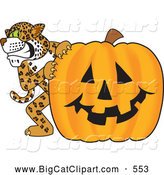 Big Cat Cartoon Vector Clipart of a Happy Cheetah, Jaguar or Leopard Character School Mascot with a Halloween Pumpkin by Mascot Junction