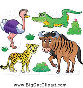 Big Cat Cartoon Vector Clipart of a Happy Cheetah Ostrich Crocodile and Wildebeest Savannah Animals by Visekart