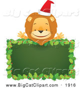 Big Cat Cartoon Vector Clipart of a Happy Christmas Lion over a Blank Holly Sign by Qiun