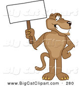 Big Cat Cartoon Vector Clipart of a Happy Cougar Mascot Character Holding a Blank Sign by Mascot Junction