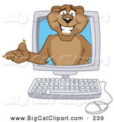 Big Cat Cartoon Vector Clipart of a Happy Cougar Mascot Character in a Computer by Toons4Biz