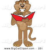 Big Cat Cartoon Vector Clipart of a Happy Cougar Mascot Character Reading by Mascot Junction