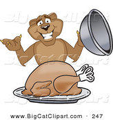 Big Cat Cartoon Vector Clipart of a Happy Cougar Mascot Character Serving a Thanksgiving Turkey by Toons4Biz
