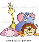 Big Cat Cartoon Vector Clipart of a Happy Giraffe Elephant Hippo and Lion over a Ledge by Hit Toon