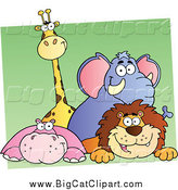 Big Cat Cartoon Vector Clipart of a Happy Giraffe Elephant Hippo and Lion over Green and White by Hit Toon