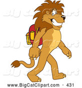 Big Cat Cartoon Vector Clipart of a Happy Lion Character Mascot Walking to School by Mascot Junction