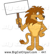 Big Cat Cartoon Vector Clipart of a Happy Lion Character Mascot with a Blank Sign by Mascot Junction