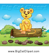 Big Cat Cartoon Vector Clipart of a Happy Lion Cub Lifting a Paw and Sitting on a Log by