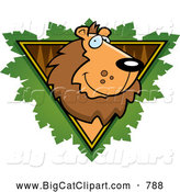Big Cat Cartoon Vector Clipart of a Happy Lion Face over a Wooden Safari Triangle with Leaves by Cory Thoman