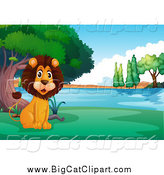 Big Cat Cartoon Vector Clipart of a Happy Lion Sitting on the Shore of a Lake or Pond by