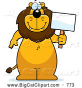 Big Cat Cartoon Vector Clipart of a Happy Lion Standing and Holding a Sign by Cory Thoman