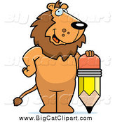 Big Cat Cartoon Vector Clipart of a Happy Lion Standing by a Pencil by Cory Thoman