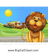 Big Cat Cartoon Vector Clipart of a Happy Male Lion by a Road and Ghost Town by