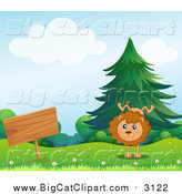 Big Cat Cartoon Vector Clipart of a Happy Male Lion Doing a Hand Stand by a Sign by