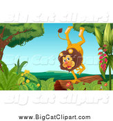 Big Cat Cartoon Vector Clipart of a Happy Male Lion Doing a Hand Stand on a Log by