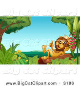 Big Cat Cartoon Vector Clipart of a Happy Male Lion King Thinking and Holding up a Finger on a Log by