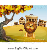 Big Cat Cartoon Vector Clipart of a Happy Male Lion Sitting by a Ghost Town by