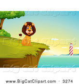 Big Cat Cartoon Vector Clipart of a Happy Male Lion Sitting on a Cliff with a Lighthouse View at Sunrise by