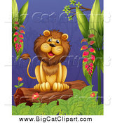 Big Cat Cartoon Vector Clipart of a Happy Male Lion Sitting on a Jungle Log by