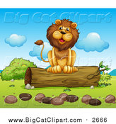 Big Cat Cartoon Vector Clipart of a Happy Male Lion Sitting on a Log by
