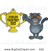 Big Cat Cartoon Vector Clipart of a Happy Panther Wildcat Character Holding a Golden Worlds Greatest Dad Trophy by Dennis Holmes Designs