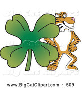 Big Cat Cartoon Vector Clipart of a Happy Tiger Character School Mascot with a Clover by Mascot Junction