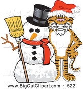 Big Cat Cartoon Vector Clipart of a Happy Tiger Character School Mascot with a Snowman by Toons4Biz