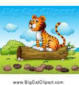 Big Cat Cartoon Vector Clipart of a Happy Tiger Sitting on a Log on a Sunny Day by