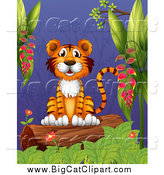 Big Cat Cartoon Vector Clipart of a Happy Tiger Sitting on a Log with Jungle Foliage at Night by