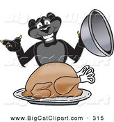 Big Cat Cartoon Vector Clipart of a Hungry Black Jaguar Mascot Character Serving a Turkey by Mascot Junction